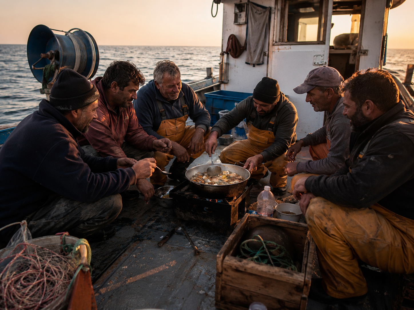 Pescadors preparant un suquet de peix en una barca, escena de la cuina marinera del litoral català