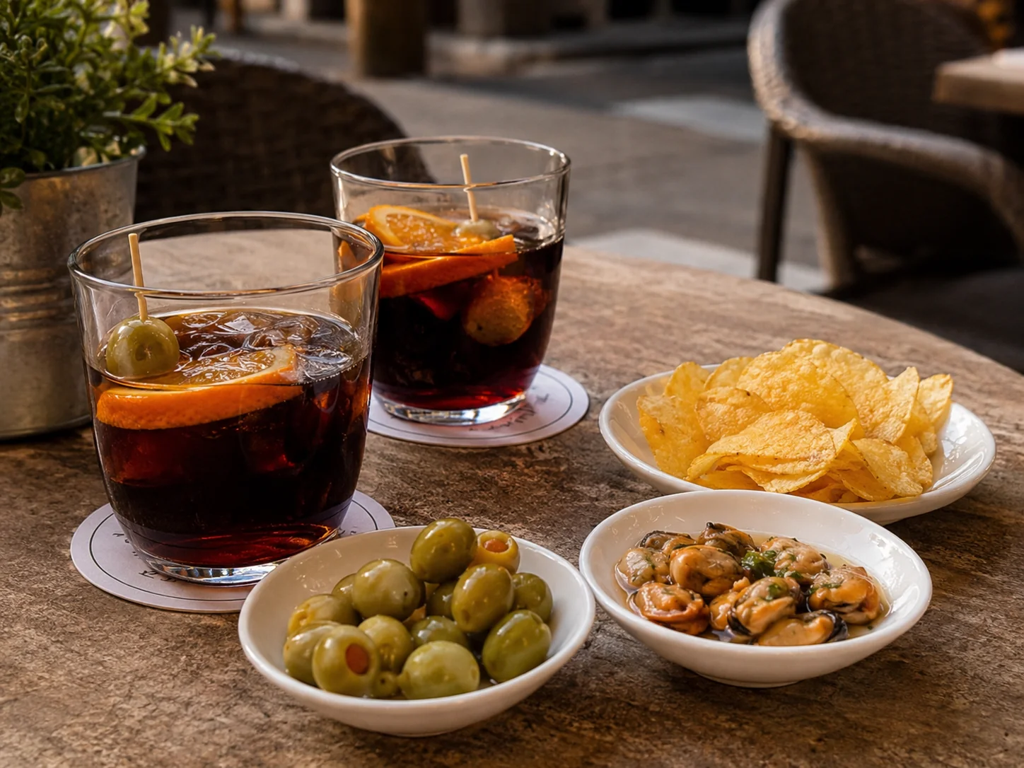 Got de vermut vermell amb gel, una escorça de taronja i olives sobre una taula de terrassa a migdia