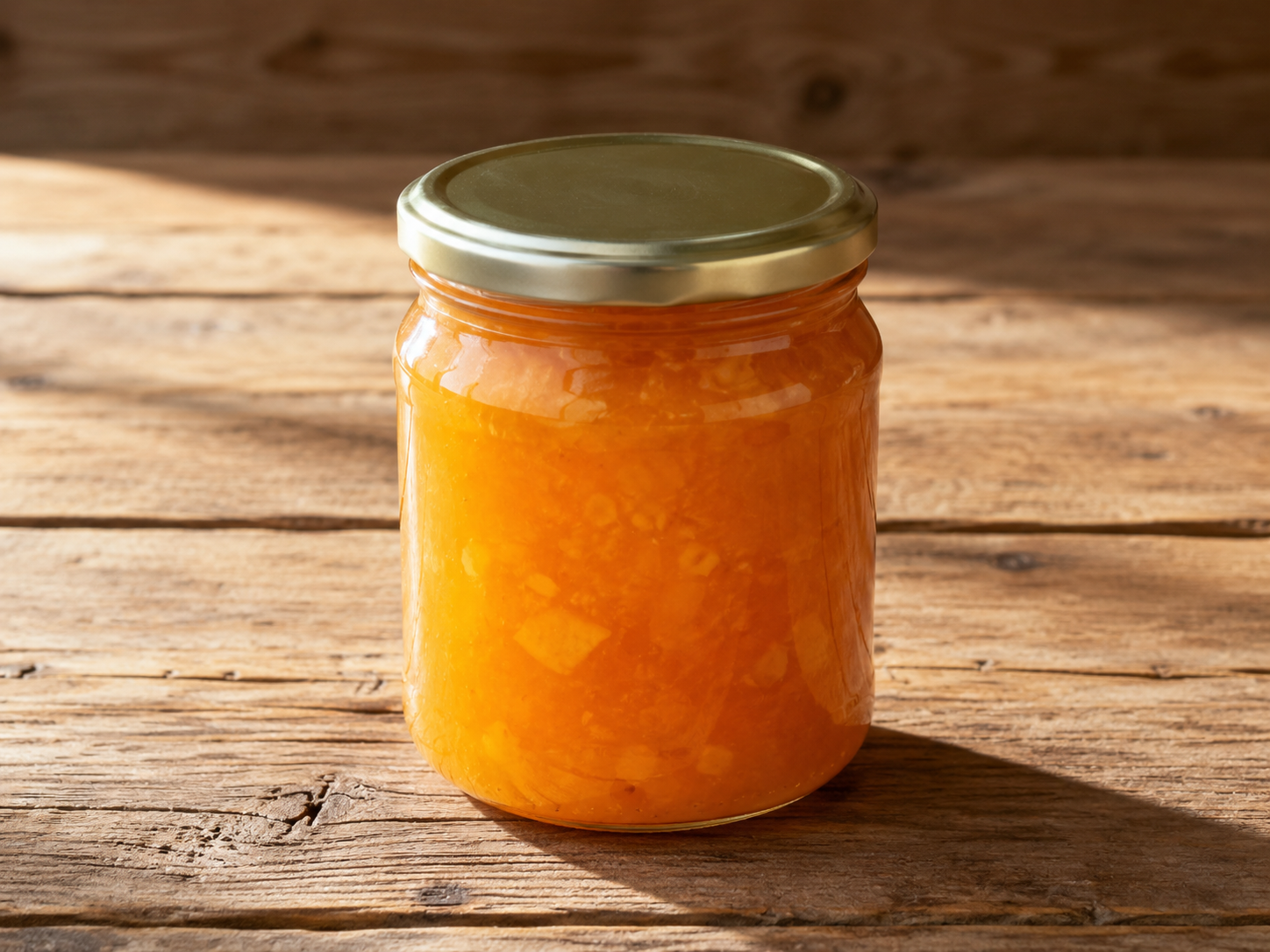 Pots de vidre amb melmelada de fruita d'estiu acabada de fer sobre una taula de fusta