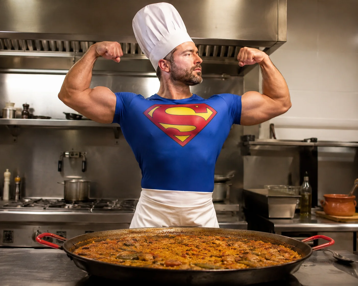 Cuiner amb samarreta de Superman i barret de xef, davant d'una gran paella a la cuina