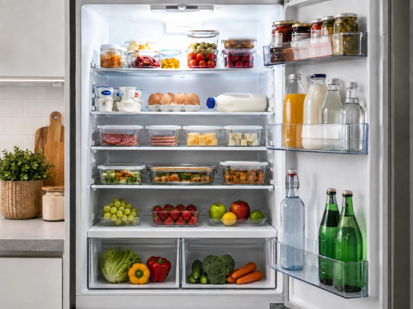 Nevera oberta i ordenada amb els aliments col·locats per zones de fred